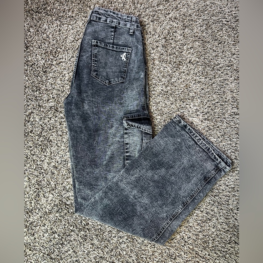 VIP Jeans Black Acid Wash Cargo Juniors Size 7/8 Pants Y2K Rave Techwear 90s‎